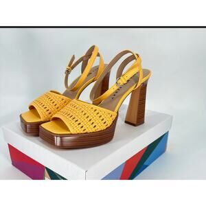 Katy Perry Platform Block Heels Woven Steady Ankle Strap Sandals Yellow 11 M New